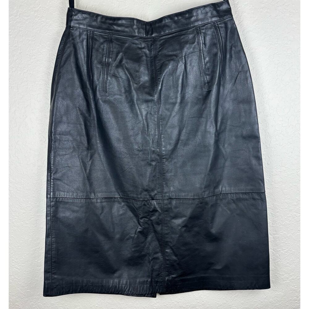 Vintage Evan Davies Black Genuine Leather Midi Skirt Size 10